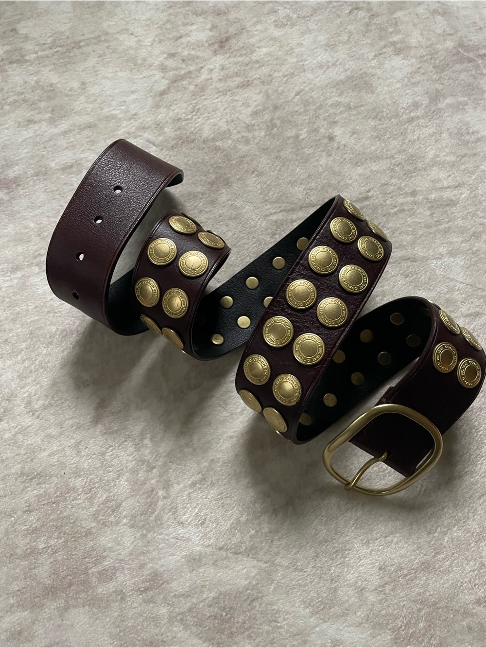 Coach Women's Studded Leather Belt - Dark Brown with Gold Medallions - RARE